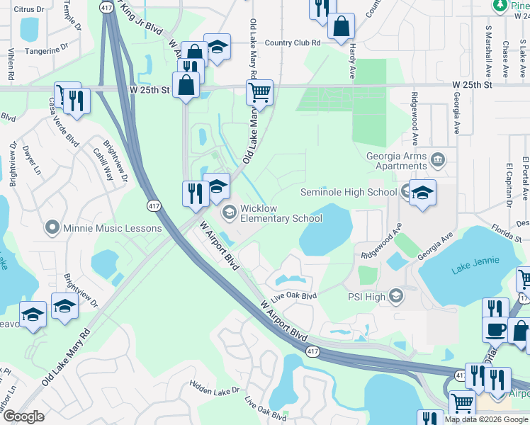 map of restaurants, bars, coffee shops, grocery stores, and more near 310 Placid Lake Drive in Sanford