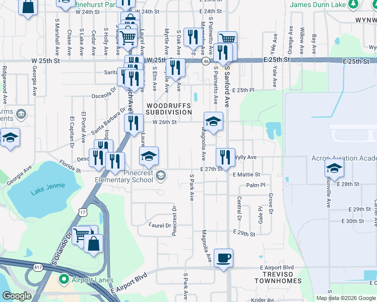 map of restaurants, bars, coffee shops, grocery stores, and more near 2639 South Oak Avenue in Sanford