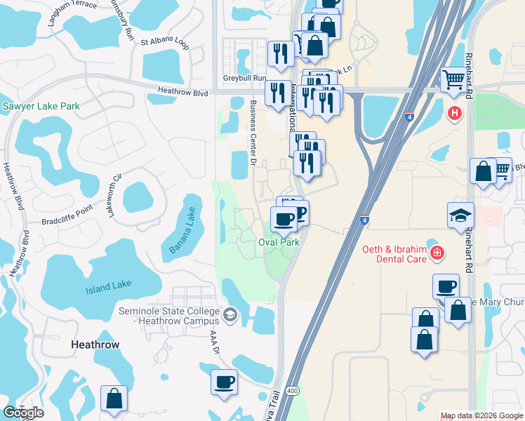 map of restaurants, bars, coffee shops, grocery stores, and more near 925 Business Center Drive in Lake Mary