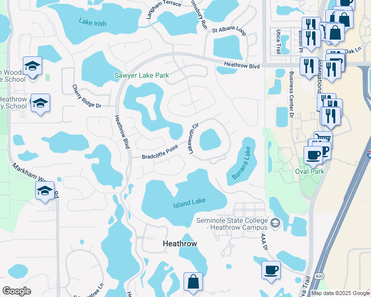 map of restaurants, bars, coffee shops, grocery stores, and more near 546 Lakeworth Circle in Lake Mary