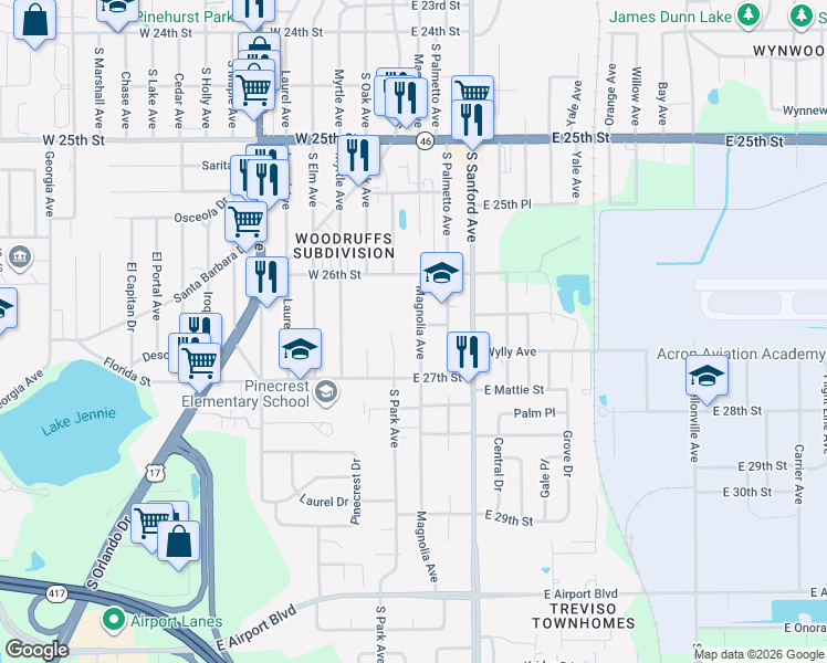 map of restaurants, bars, coffee shops, grocery stores, and more near 2652 Magnolia Avenue in Sanford