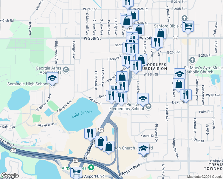 map of restaurants, bars, coffee shops, grocery stores, and more near 2613 Mohawk Avenue in Sanford