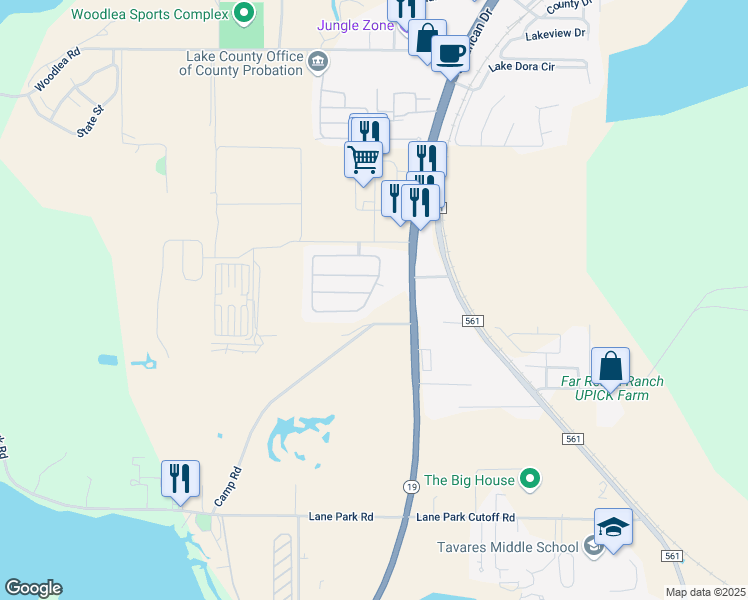 map of restaurants, bars, coffee shops, grocery stores, and more near 2185 Tealwood Circle in Tavares