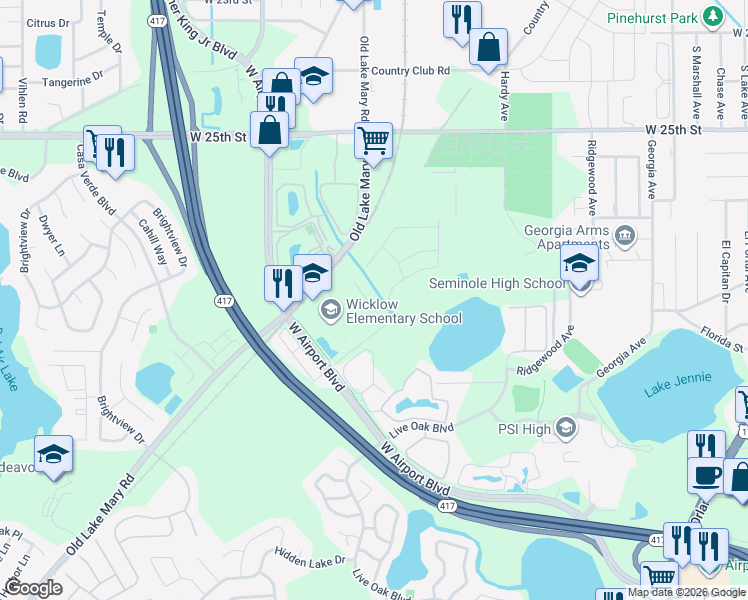 map of restaurants, bars, coffee shops, grocery stores, and more near 116 Placid Woods Court in Sanford