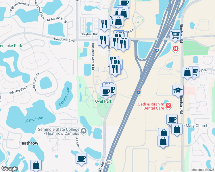 map of restaurants, bars, coffee shops, grocery stores, and more near 972 International Parkway in Lake Mary