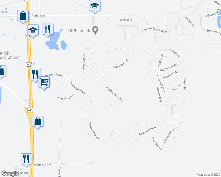 map of restaurants, bars, coffee shops, grocery stores, and more near 5114 Rishley Run Way in Mount Dora