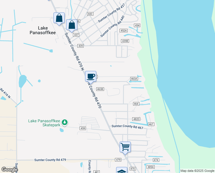 map of restaurants, bars, coffee shops, grocery stores, and more near 1188 County Road 463B in Lake Panasoffkee