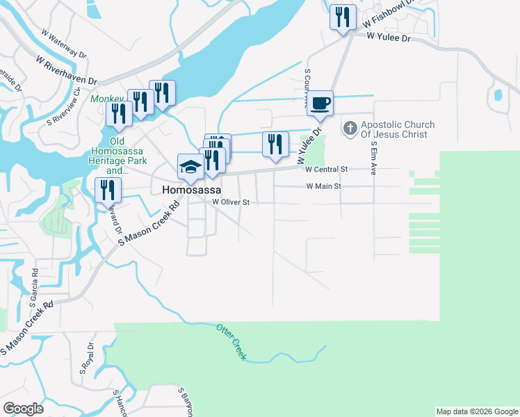 map of restaurants, bars, coffee shops, grocery stores, and more near 10670 West Oliver Street in Homosassa