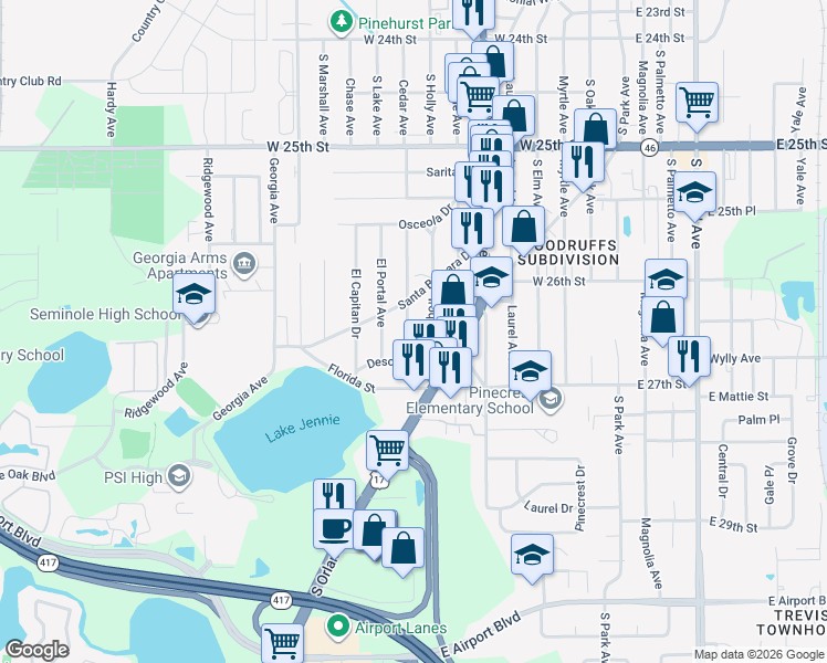 map of restaurants, bars, coffee shops, grocery stores, and more near 2615 Mohawk Avenue in Sanford
