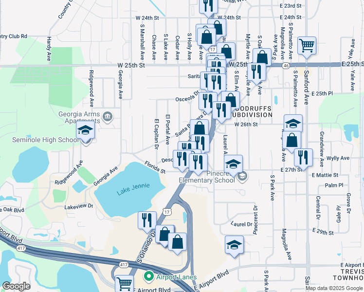 map of restaurants, bars, coffee shops, grocery stores, and more near 2613 Mohawk Avenue in Sanford