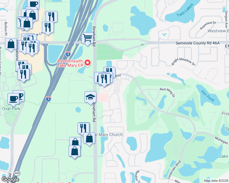 map of restaurants, bars, coffee shops, grocery stores, and more near 333 Memphis Circle in Lake Mary