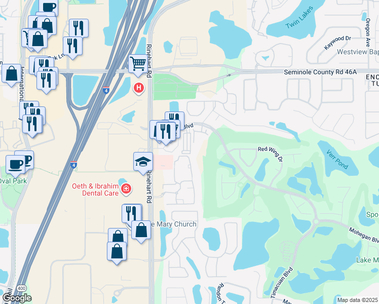 map of restaurants, bars, coffee shops, grocery stores, and more near 301 Memphis Circle in Lake Mary