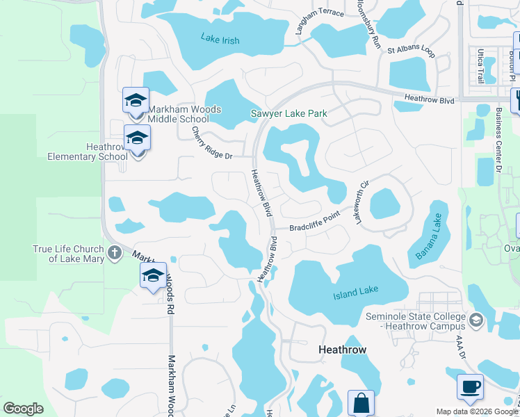 map of restaurants, bars, coffee shops, grocery stores, and more near 733 Preserve Terrace in Heathrow