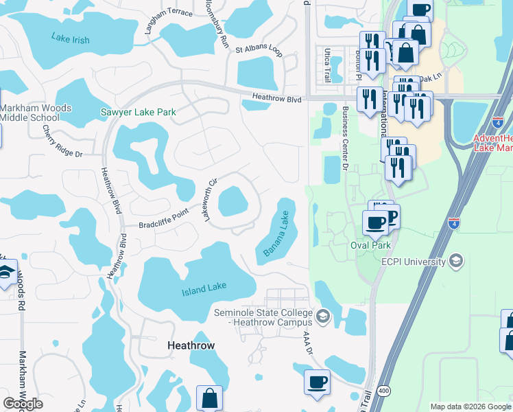 map of restaurants, bars, coffee shops, grocery stores, and more near 727 Lakeworth Circle in Lake Mary