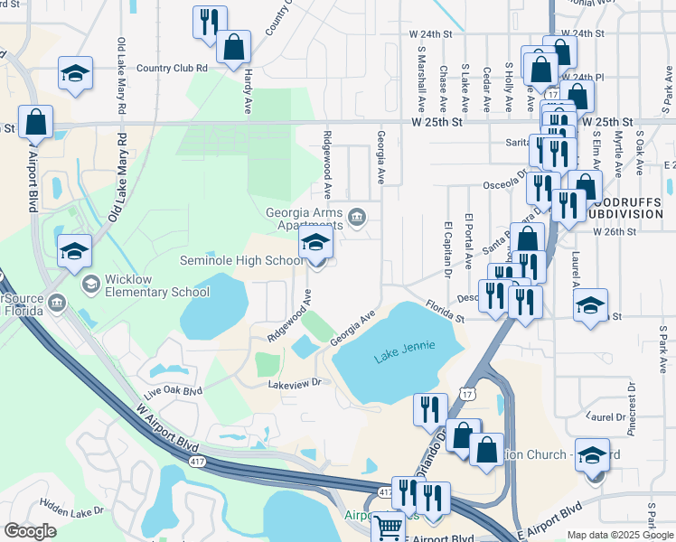 map of restaurants, bars, coffee shops, grocery stores, and more near 2701 Ridgewood Avenue in Sanford