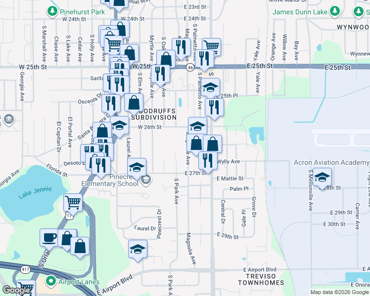 map of restaurants, bars, coffee shops, grocery stores, and more near 2652 Magnolia Avenue in Sanford