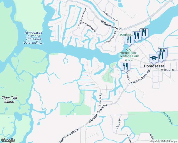 map of restaurants, bars, coffee shops, grocery stores, and more near 5562 South Garcia Road in Homosassa