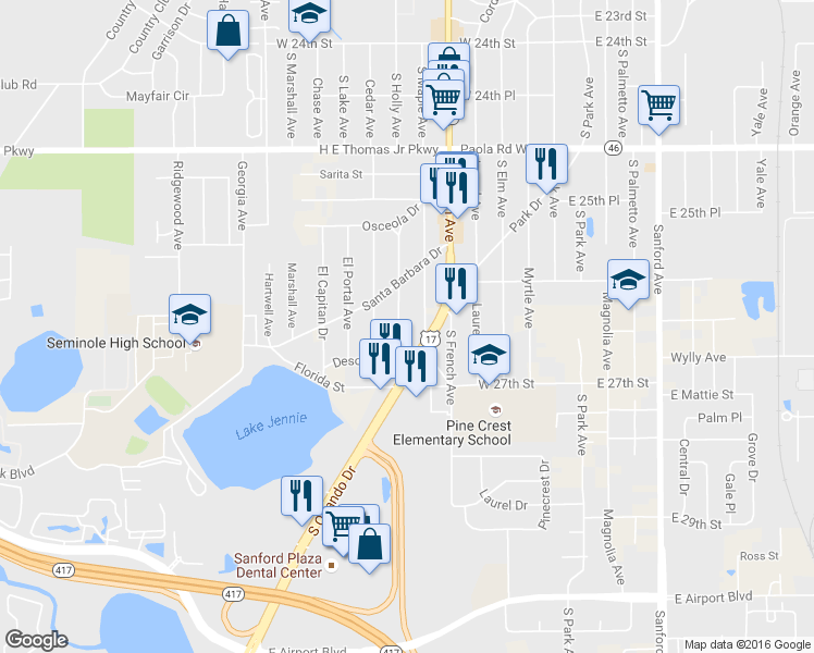 map of restaurants, bars, coffee shops, grocery stores, and more near 2619 Iroquois Avenue in Sanford