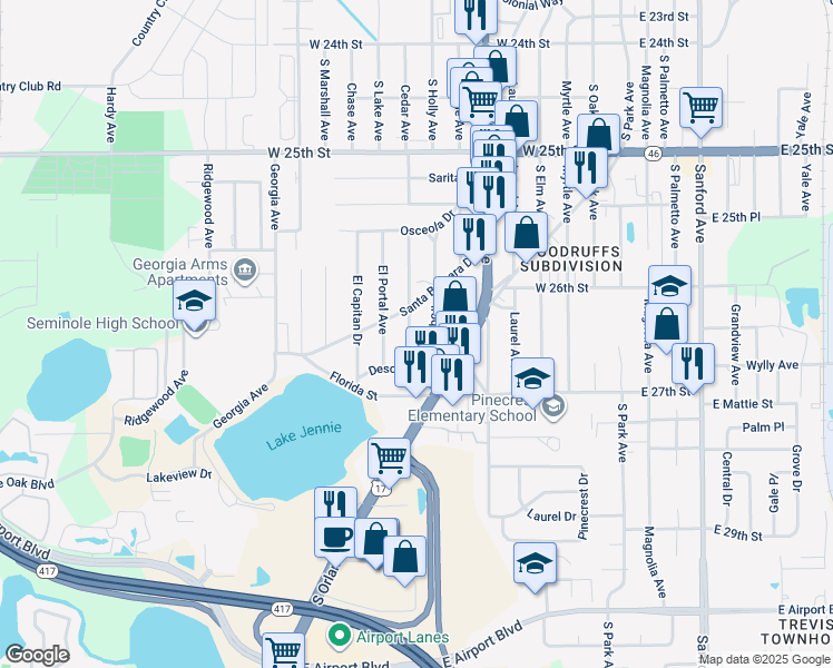 map of restaurants, bars, coffee shops, grocery stores, and more near 2613 Mohawk Avenue in Sanford