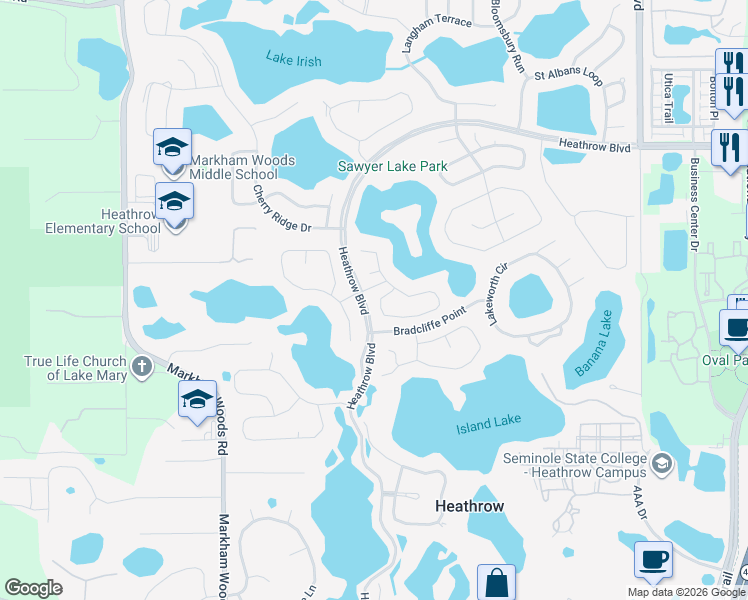 map of restaurants, bars, coffee shops, grocery stores, and more near 733 Preserve Terrace in Heathrow