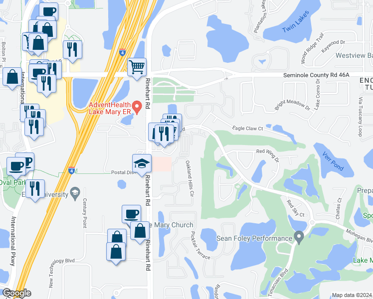 map of restaurants, bars, coffee shops, grocery stores, and more near 301 Memphis Circle in Lake Mary