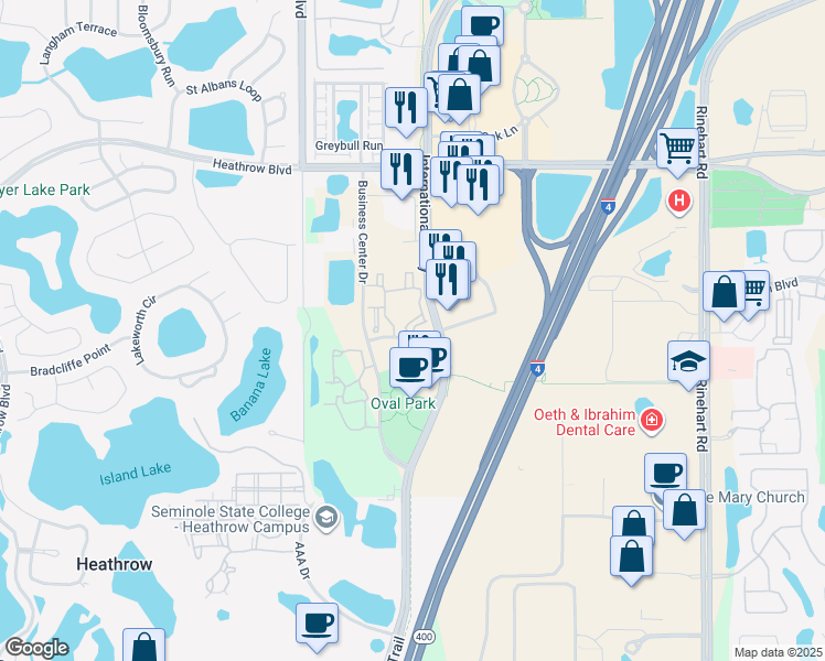 map of restaurants, bars, coffee shops, grocery stores, and more near 972 International Parkway in Lake Mary