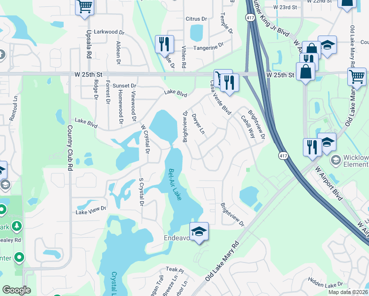 map of restaurants, bars, coffee shops, grocery stores, and more near 243 Brightview Drive in Lake Mary