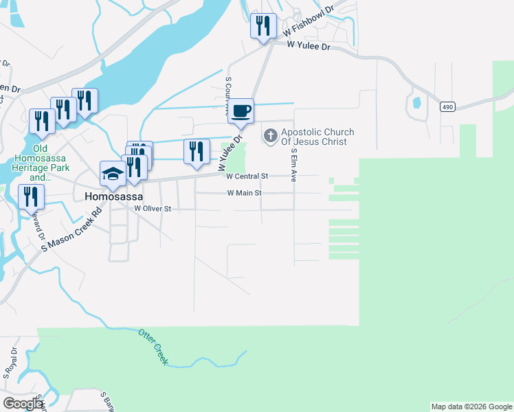 map of restaurants, bars, coffee shops, grocery stores, and more near 10410 West Oliver Street in Homosassa
