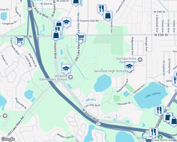 map of restaurants, bars, coffee shops, grocery stores, and more near 321 Placid Lake Drive in Sanford