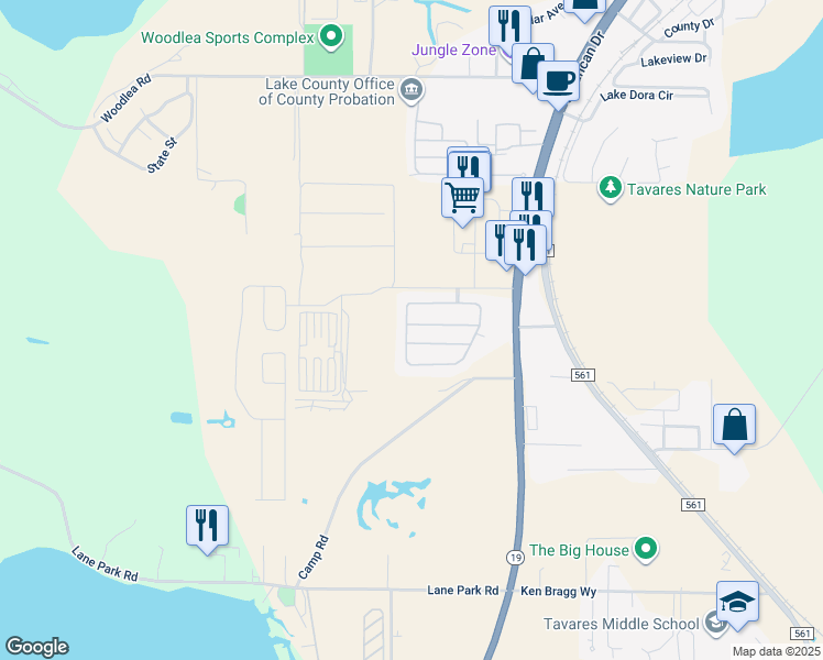 map of restaurants, bars, coffee shops, grocery stores, and more near 2300 Foxtree Road in Tavares