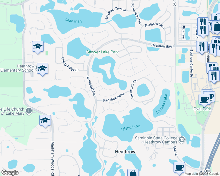 map of restaurants, bars, coffee shops, grocery stores, and more near 957 Paddington Terrace in Lake Mary