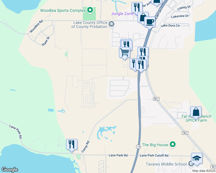 map of restaurants, bars, coffee shops, grocery stores, and more near 2321 Tealwood Circle in Tavares