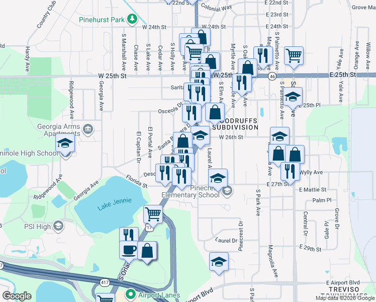 map of restaurants, bars, coffee shops, grocery stores, and more near 2619 Iroquois Avenue in Sanford
