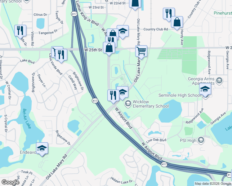 map of restaurants, bars, coffee shops, grocery stores, and more near 1300 West Airport Boulevard in Sanford