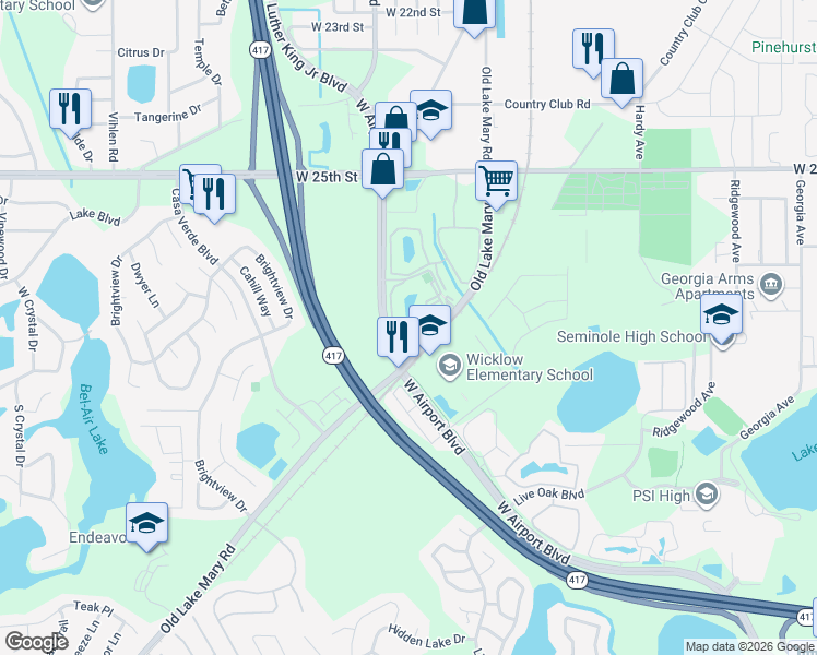 map of restaurants, bars, coffee shops, grocery stores, and more near 1300 West Airport Boulevard in Sanford
