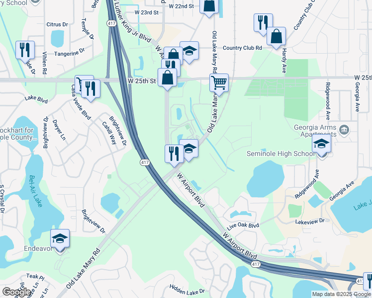 map of restaurants, bars, coffee shops, grocery stores, and more near 1218 South Pine Ridge Circle in Sanford