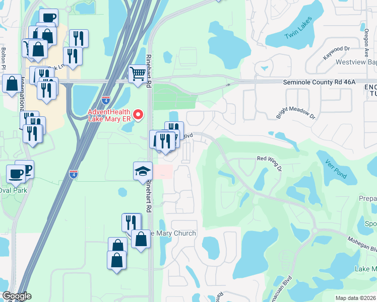 map of restaurants, bars, coffee shops, grocery stores, and more near 301 Memphis Circle in Lake Mary