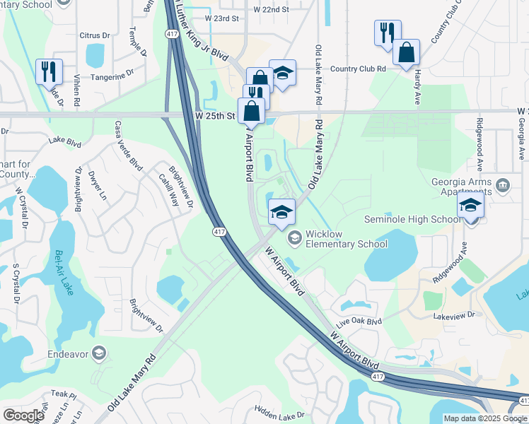 map of restaurants, bars, coffee shops, grocery stores, and more near 1132 South Pine Ridge Circle in Sanford