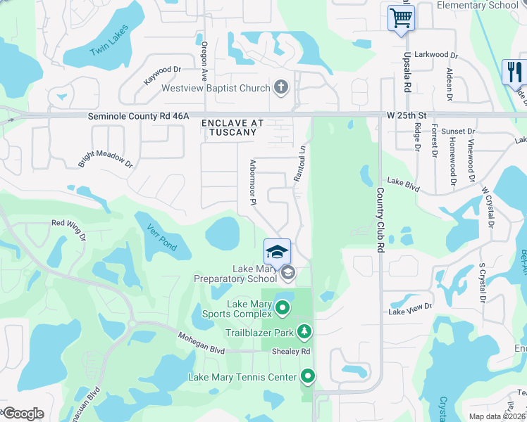 map of restaurants, bars, coffee shops, grocery stores, and more near 865 Arbormoor Place in Lake Mary