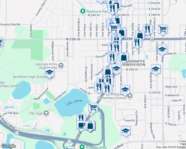 map of restaurants, bars, coffee shops, grocery stores, and more near 2544 El Portal Avenue in Sanford