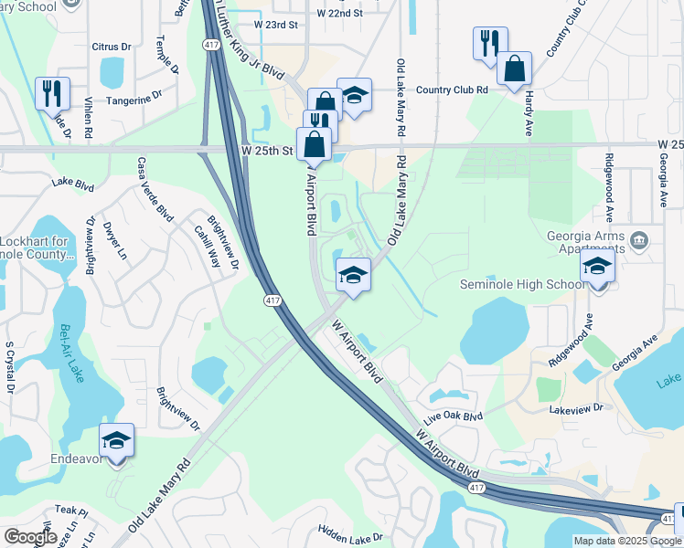 map of restaurants, bars, coffee shops, grocery stores, and more near 928 South Pine Ridge Circle in Sanford