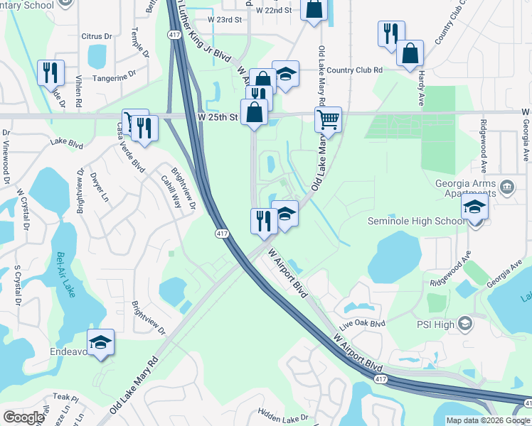 map of restaurants, bars, coffee shops, grocery stores, and more near 928 South Pine Ridge Circle in Sanford