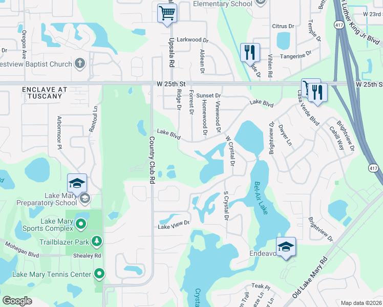 map of restaurants, bars, coffee shops, grocery stores, and more near 421 Lake Boulevard in Sanford