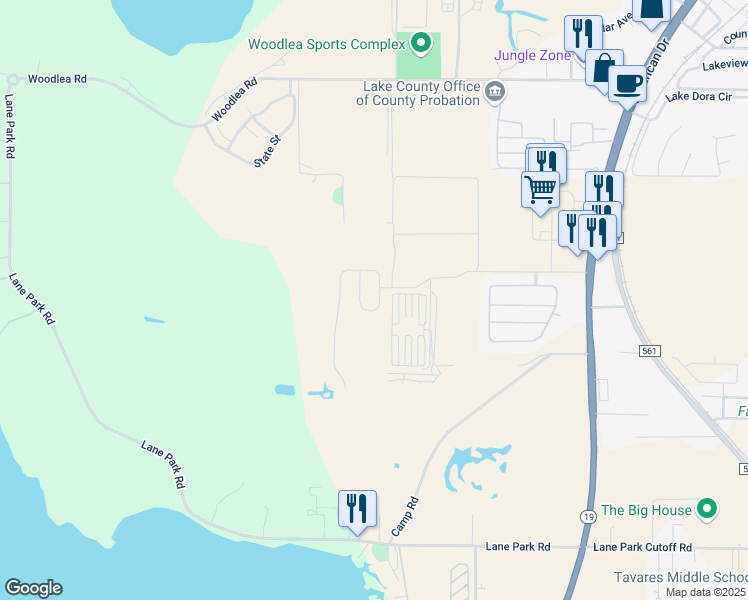 map of restaurants, bars, coffee shops, grocery stores, and more near 2215 Rockmart Loop in Tavares