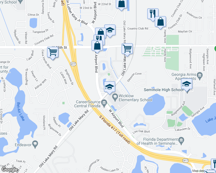 map of restaurants, bars, coffee shops, grocery stores, and more near 1234 South Pine Ridge Circle in Sanford