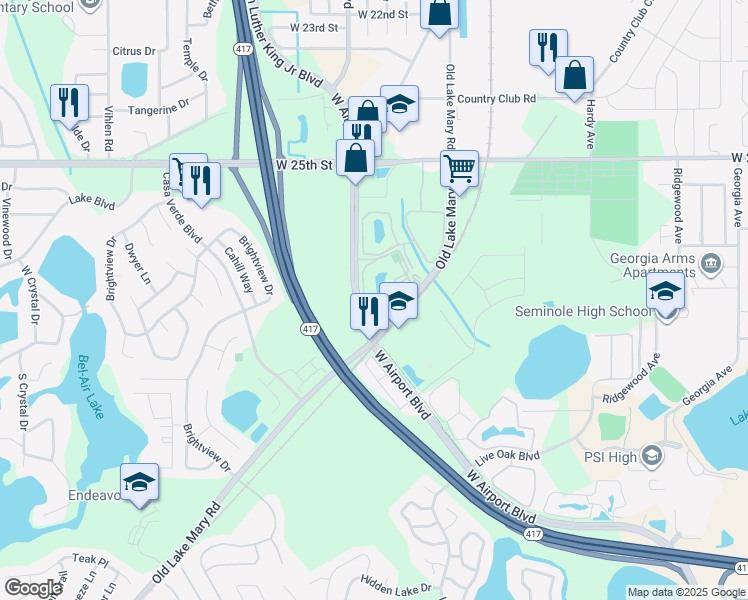 map of restaurants, bars, coffee shops, grocery stores, and more near 928 South Pine Ridge Circle in Sanford