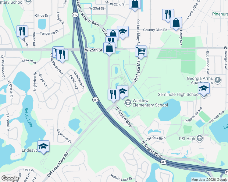 map of restaurants, bars, coffee shops, grocery stores, and more near 1121 South Pine Ridge Circle in Sanford