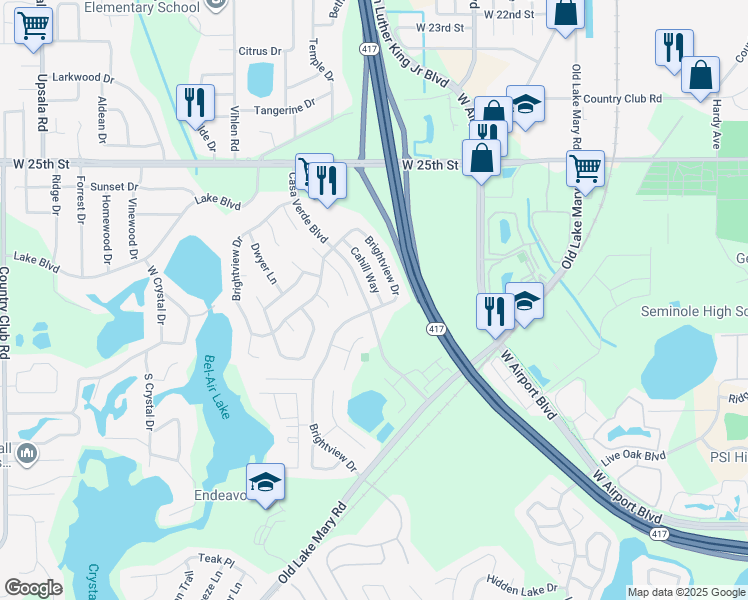 map of restaurants, bars, coffee shops, grocery stores, and more near 556 Brightview Drive in Lake Mary