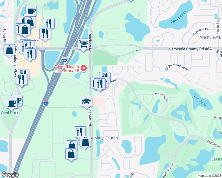 map of restaurants, bars, coffee shops, grocery stores, and more near 181 Timacuan Boulevard in Lake Mary