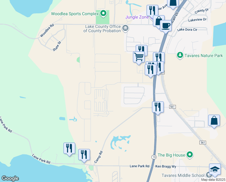 map of restaurants, bars, coffee shops, grocery stores, and more near 2351 Tealwood Circle in Tavares